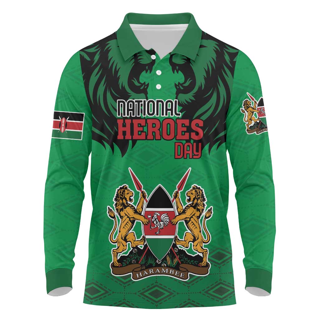 Afro Kenya National Heroes Day Long Sleeve Polo Shirt Mashujaa With Lion Head And Coat Of Arms