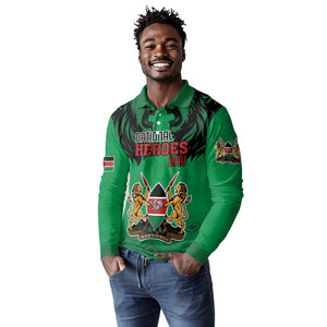 Afro Kenya National Heroes Day Long Sleeve Polo Shirt Mashujaa With Lion Head And Coat Of Arms