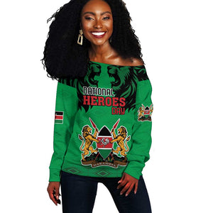 Afro Kenya National Heroes Day Off Shoulder Sweater Mashujaa With Lion Head And Coat Of Arms