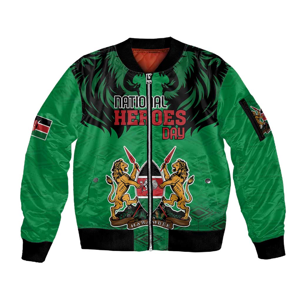 Afro Kenya National Heroes Day Sleeve Zip Bomber Jacket Mashujaa With Lion Head And Coat Of Arms