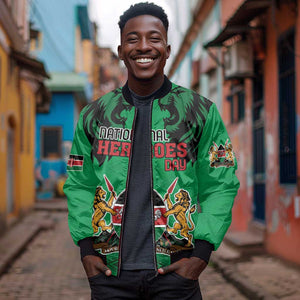 Afro Kenya National Heroes Day Sleeve Zip Bomber Jacket Mashujaa With Lion Head And Coat Of Arms