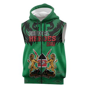 Afro Kenya National Heroes Day Sleeveless Zip Hoodie Mashujaa With Lion Head And Coat Of Arms - African Pride