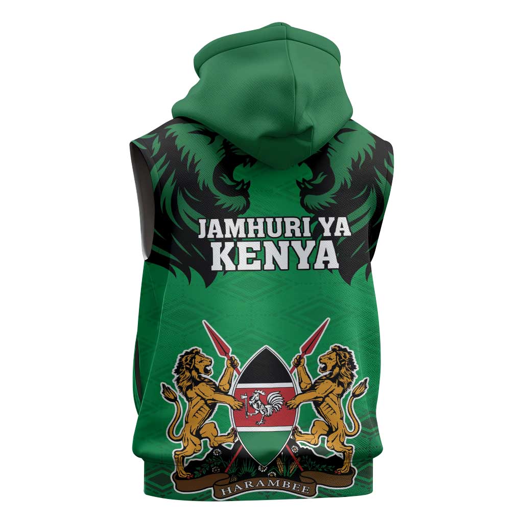 Afro Kenya National Heroes Day Sleeveless Zip Hoodie Mashujaa With Lion Head And Coat Of Arms - African Pride