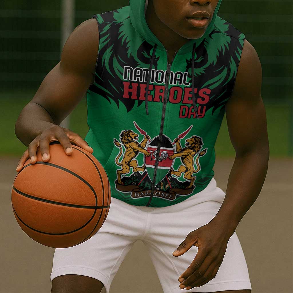Afro Kenya National Heroes Day Sleeveless Zip Hoodie Mashujaa With Lion Head And Coat Of Arms - African Pride