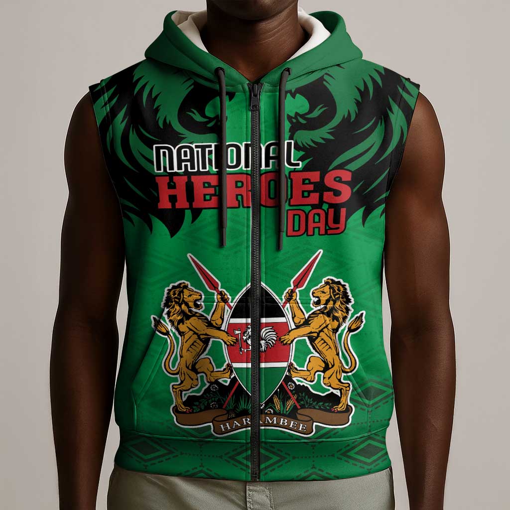 Afro Kenya National Heroes Day Sleeveless Zip Hoodie Mashujaa With Lion Head And Coat Of Arms - African Pride
