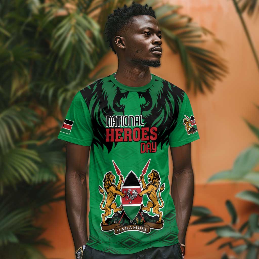 Afro Kenya National Heroes Day T shirt Mashujaa With Lion Head And Coat Of Arms