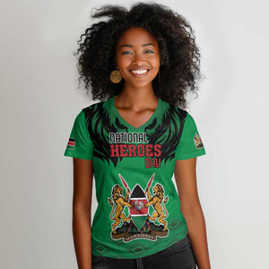 Afro Kenya National Heroes Day Women V-Neck T-Shirt Mashujaa With Lion Head And Coat Of Arms