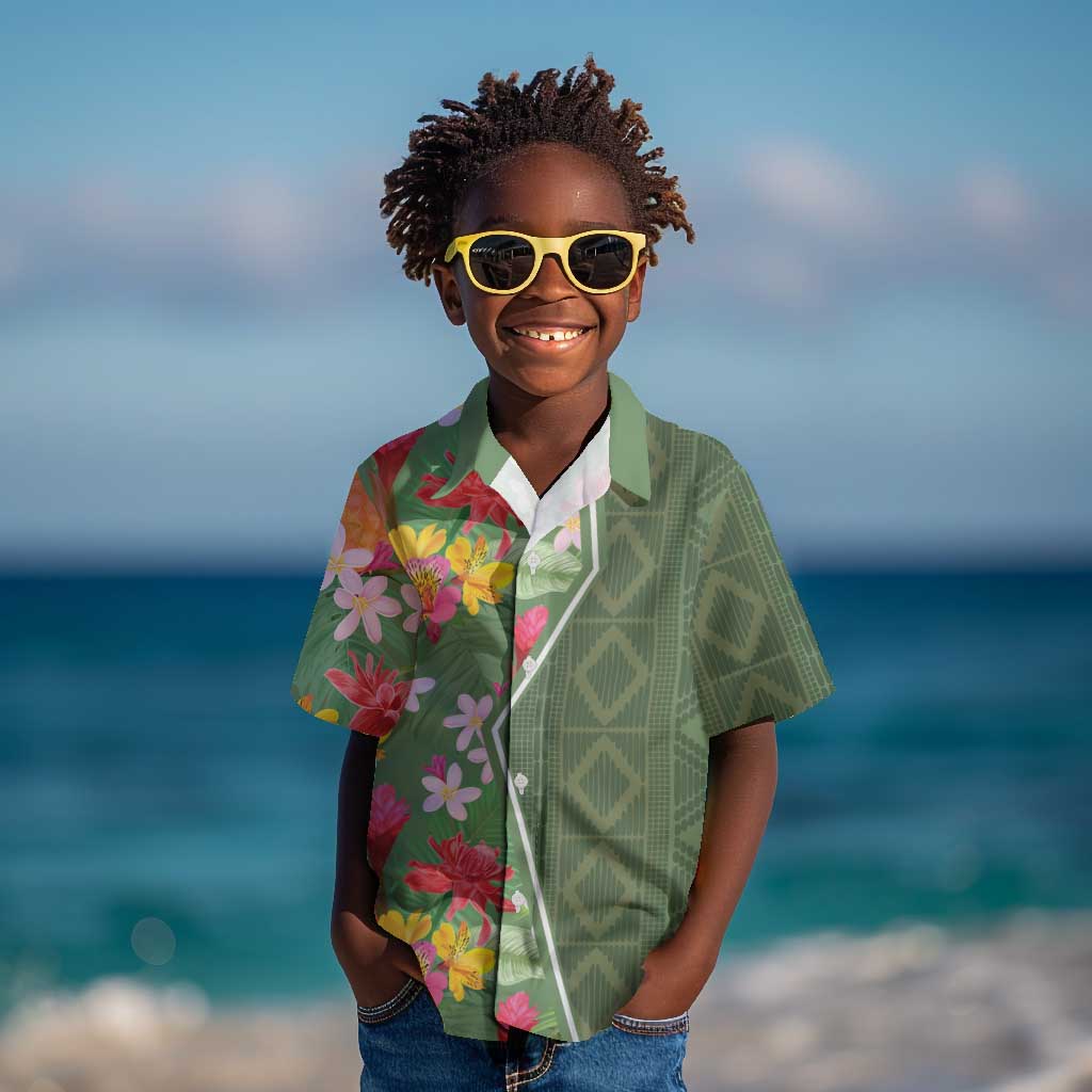 Afro Tropical Flowers Kid Hawaiian Shirt Green Version