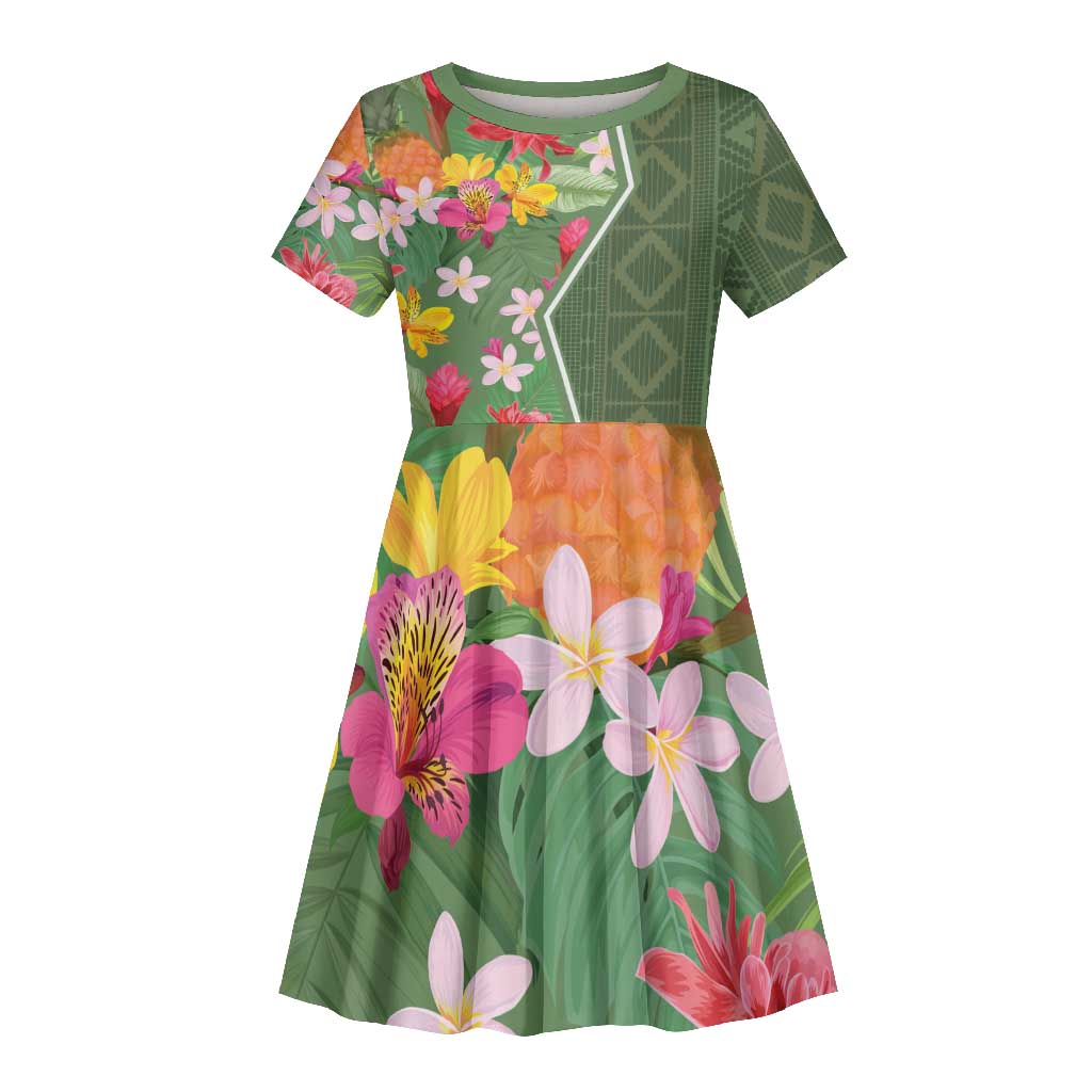 Afro Tropical Flowers Kid Short Sleeve Dress Green Version