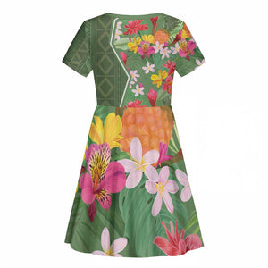 Afro Tropical Flowers Kid Short Sleeve Dress Green Version