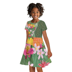 Afro Tropical Flowers Kid Short Sleeve Dress Green Version