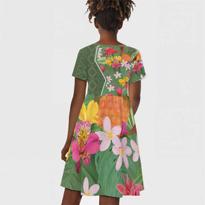 Afro Tropical Flowers Kid Short Sleeve Dress Green Version