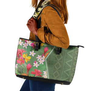 Afro Tropical Flowers Leather Tote Bag Green Version