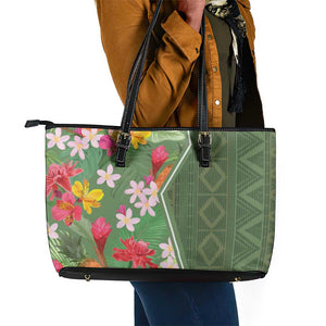 Afro Tropical Flowers Leather Tote Bag Green Version