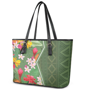 Afro Tropical Flowers Leather Tote Bag Green Version