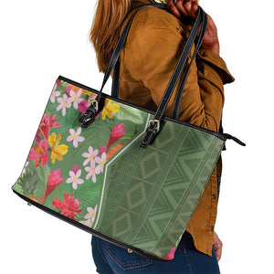 Afro Tropical Flowers Leather Tote Bag Green Version