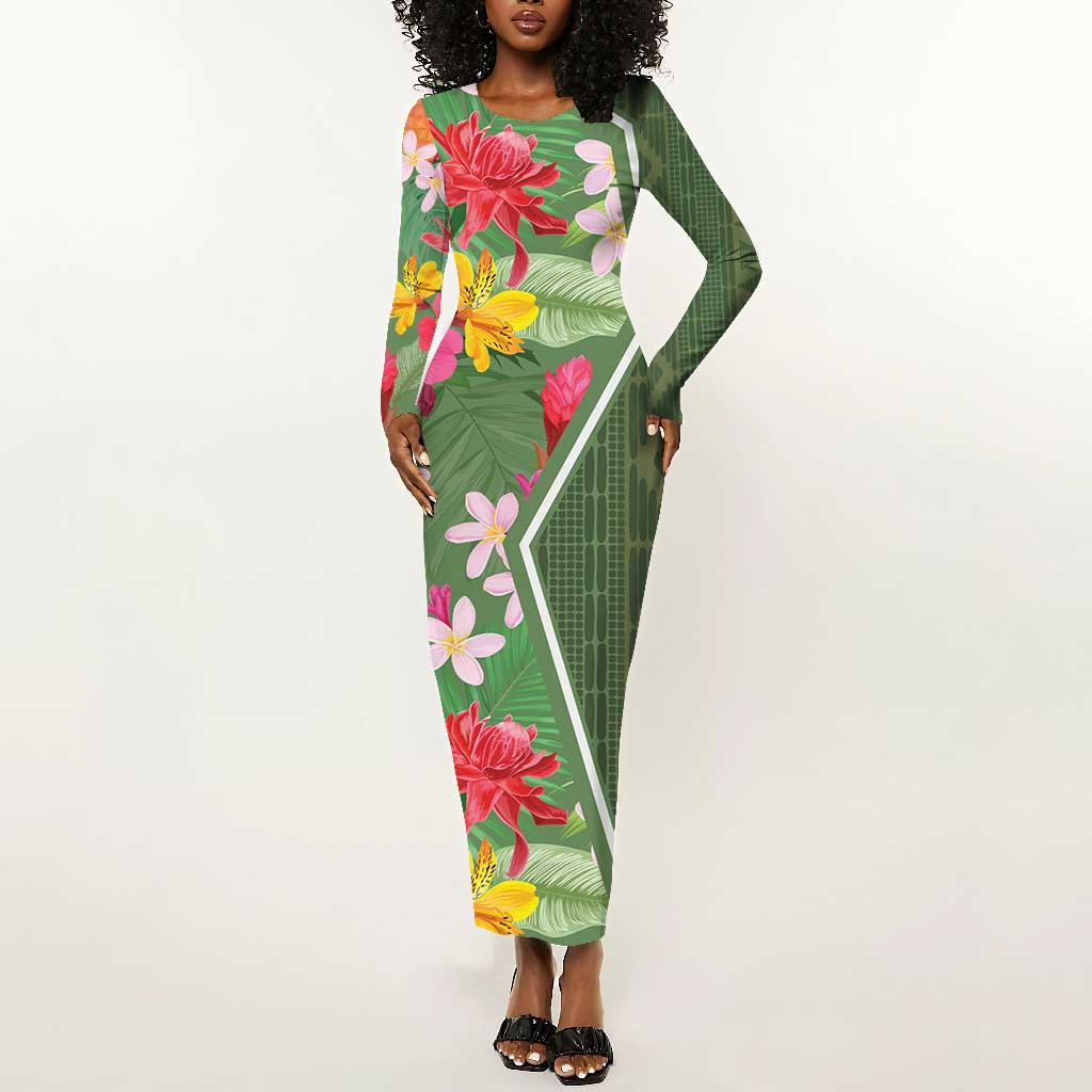 Afro Tropical Flowers Long Sleeve Bodycon Dress Green Version