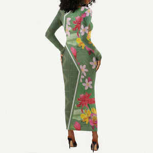 Afro Tropical Flowers Long Sleeve Bodycon Dress Green Version