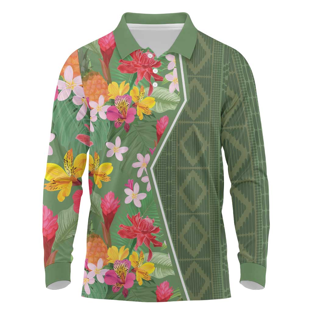 Afro Tropical Flowers Long Sleeve Polo Shirt Green Version