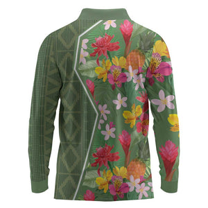 Afro Tropical Flowers Long Sleeve Polo Shirt Green Version