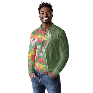 Afro Tropical Flowers Long Sleeve Polo Shirt Green Version