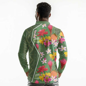 Afro Tropical Flowers Long Sleeve Polo Shirt Green Version