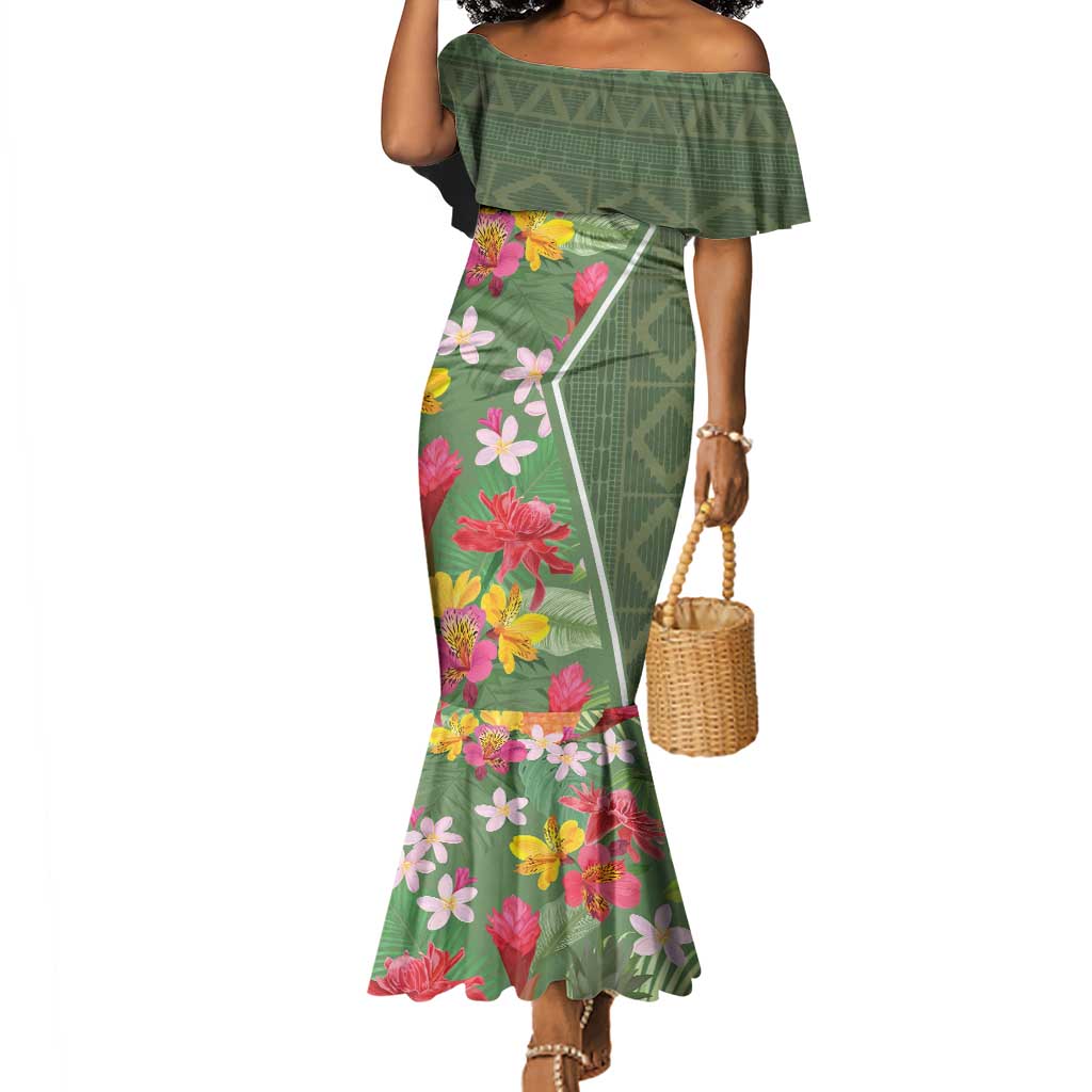 Afro Tropical Flowers Mermaid Dress Green Version