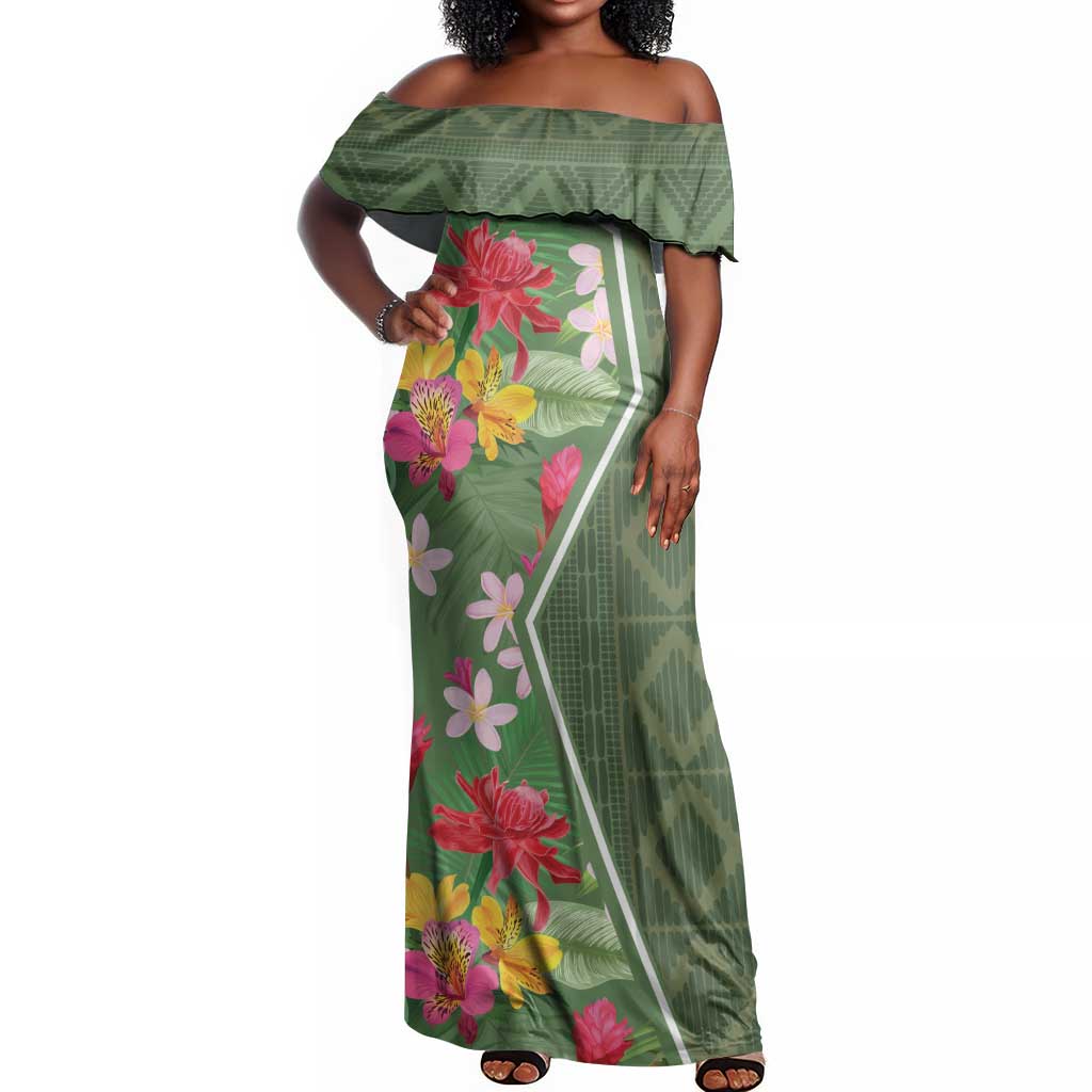 Afro Tropical Flowers Off Shoulder Maxi Dress Green Version