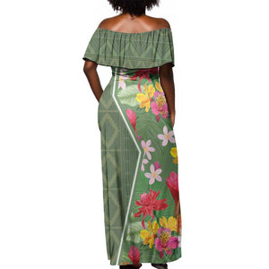 Afro Tropical Flowers Off Shoulder Maxi Dress Green Version