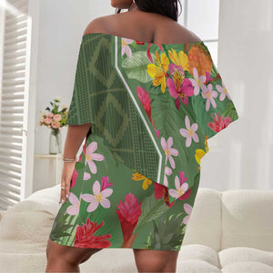 Afro Tropical Flowers Off Shoulder Short Dress Green Version