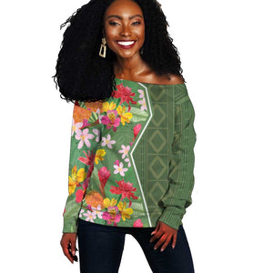 Afro Tropical Flowers Off Shoulder Sweater Green Version