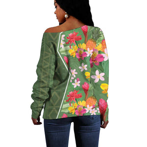 Afro Tropical Flowers Off Shoulder Sweater Green Version