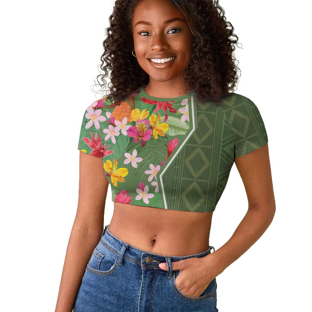 Afro Tropical Flowers Raglan Cropped T shirt Green Version