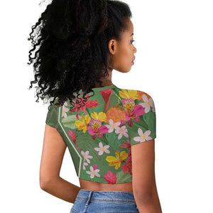 Afro Tropical Flowers Raglan Cropped T shirt Green Version