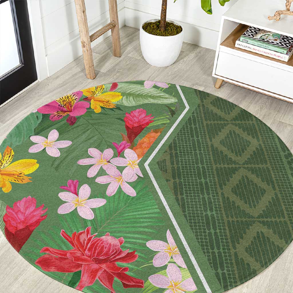 Afro Tropical Flowers Round Carpet Green Version