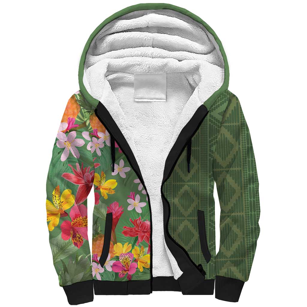 Afro Tropical Flowers Sherpa Hoodie Green Version