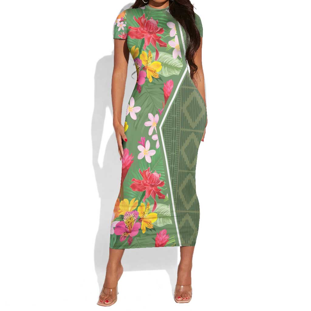 Afro Tropical Flowers Short Sleeve Bodycon Dress Green Version LT18