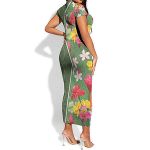 Afro Tropical Flowers Short Sleeve Bodycon Dress Green Version