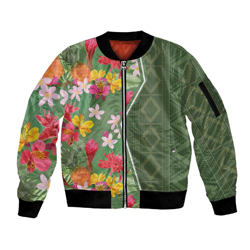 Afro Tropical Flowers Sleeve Zip Bomber Jacket Green Version