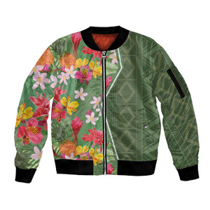 Afro Tropical Flowers Sleeve Zip Bomber Jacket Green Version