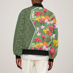 Afro Tropical Flowers Sleeve Zip Bomber Jacket Green Version