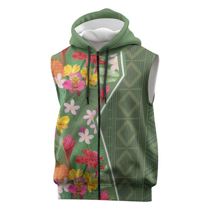 Afro Tropical Flowers Sleeveless Zip Hoodie Green Version - African Pride