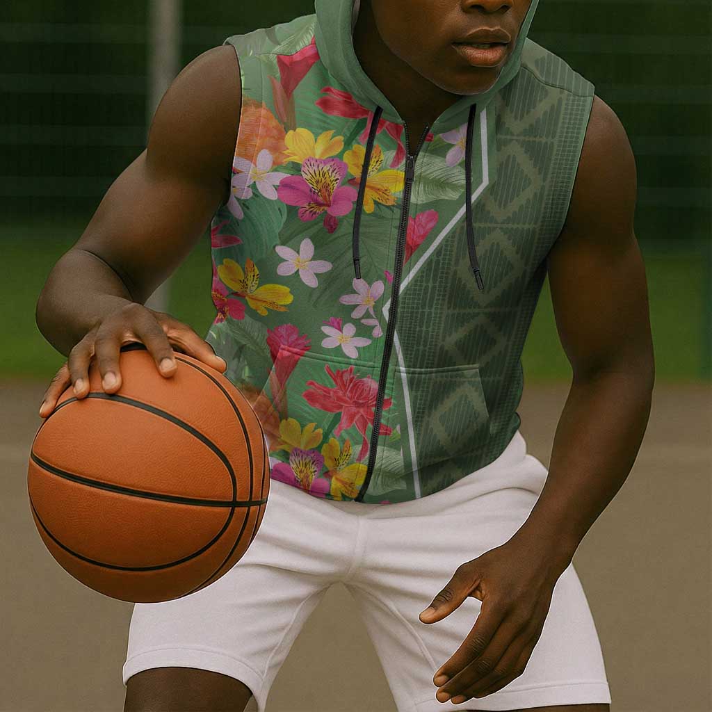 Afro Tropical Flowers Sleeveless Zip Hoodie Green Version - African Pride