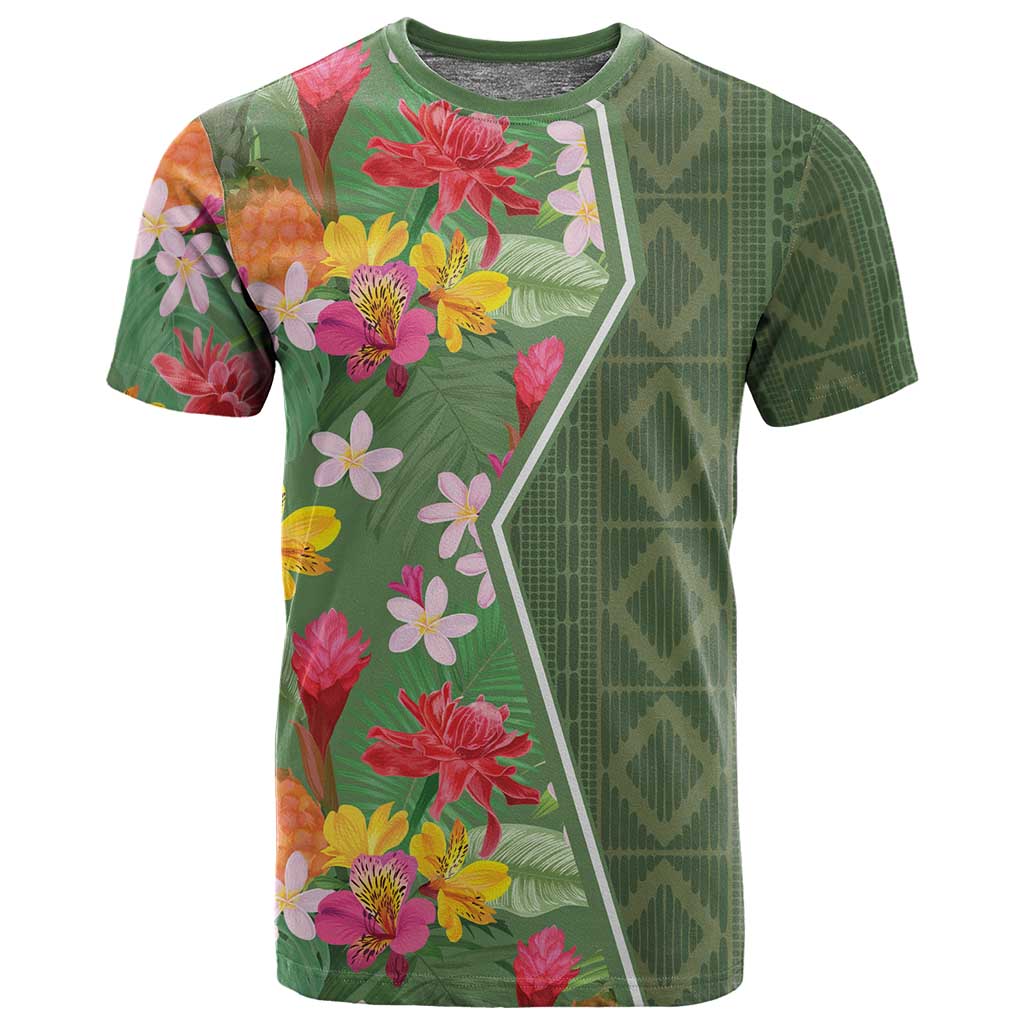 Afro Tropical Flowers T shirt Green Version