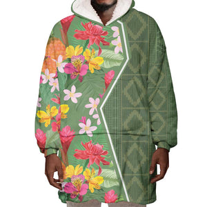 Afro Tropical Flowers Wearable Blanket Hoodie Green Version