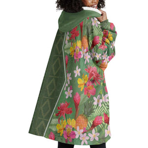 Afro Tropical Flowers Wearable Blanket Hoodie Green Version