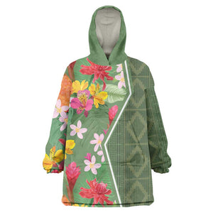 Afro Tropical Flowers Wearable Blanket Hoodie Green Version