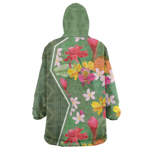 Afro Tropical Flowers Wearable Blanket Hoodie Green Version