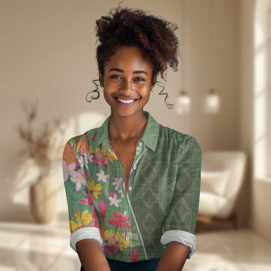 Afro Tropical Flowers Women Casual Shirt Green Version