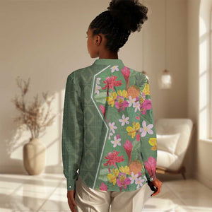 Afro Tropical Flowers Women Casual Shirt Green Version